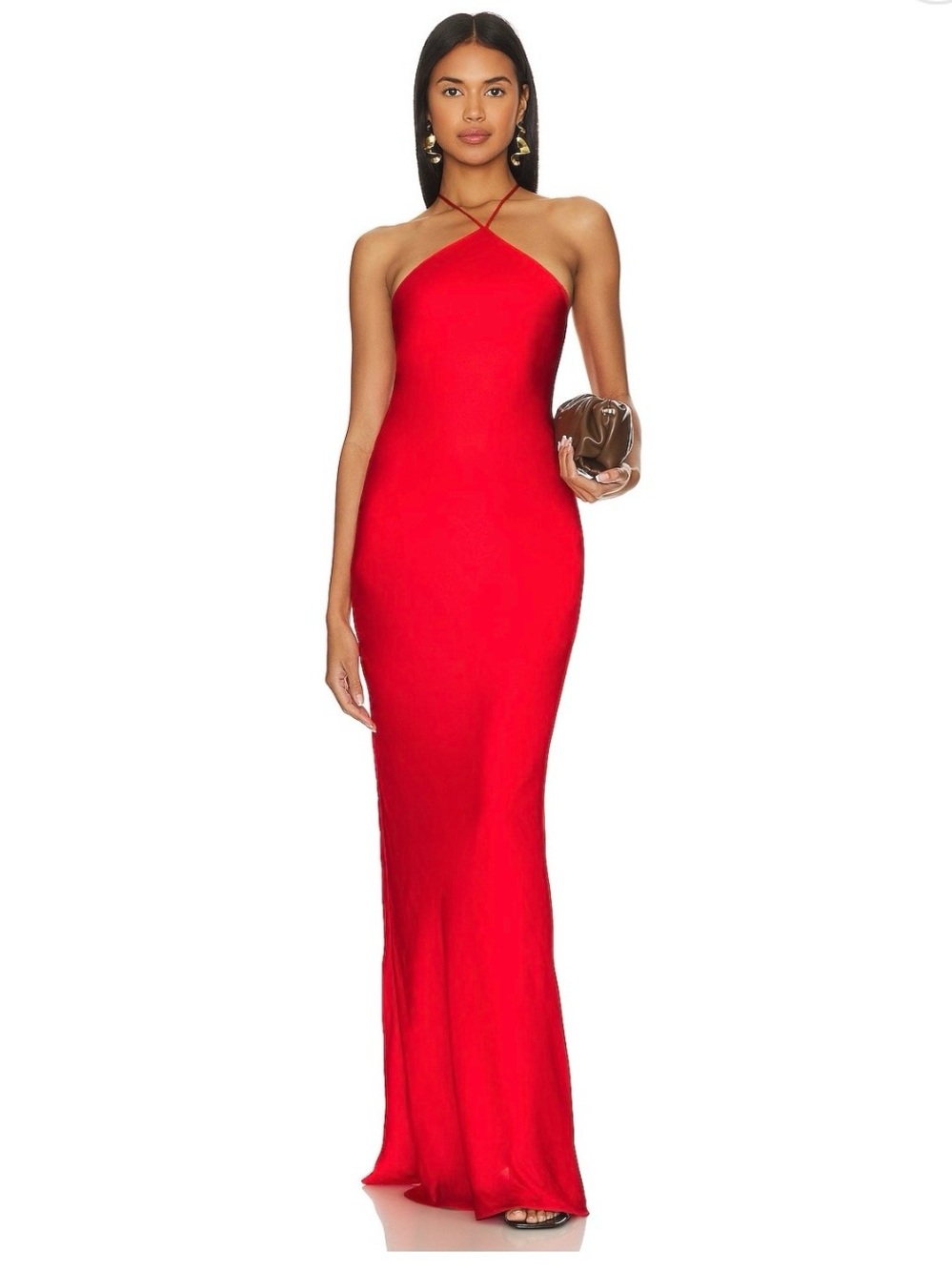 Line & Dot Red Cross-Strap Halter Maxi Gown